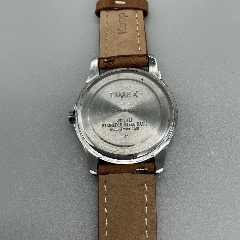 Timex Indiglo Mens Watch 36mm White Dial Brown Leather Day Date New Battery